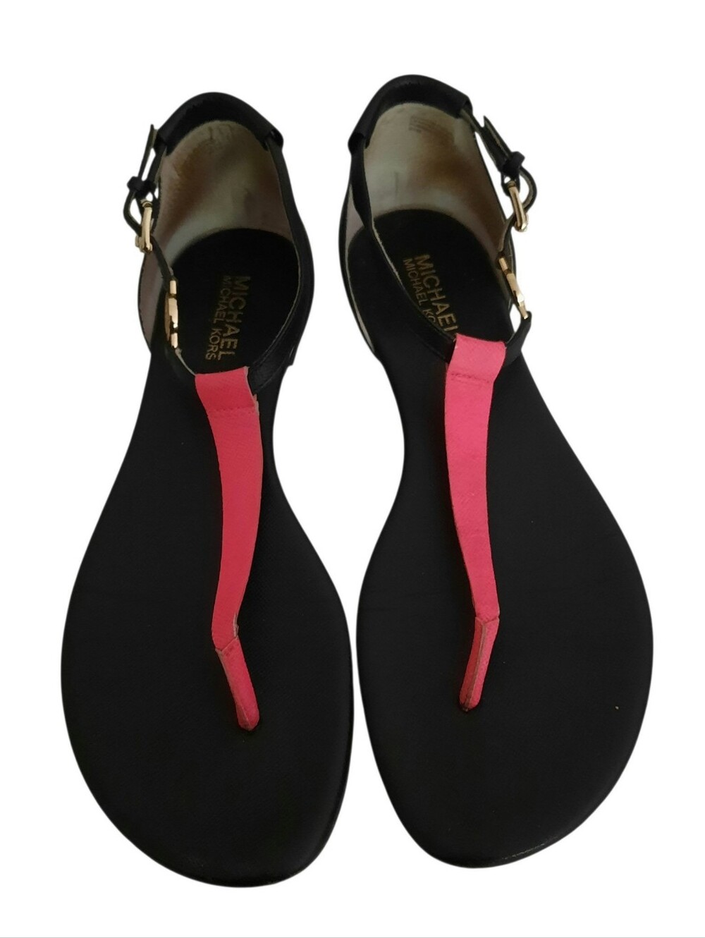 MICHAEL KORS Bridget Black/Fuchsia Leather Thong T-Strap Flat Sandals  Sz 8.5